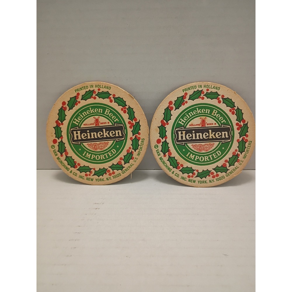 Vintage Heineken Beer Coasters Set of 2 Holiday Holly Wreath Printed in Holland
